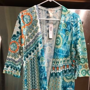CHICO'S AQUA PRINTED CARDIGAN